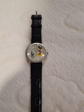 Lmtd Ed. "Mickey Thru The Years" Watch with Silver Case and Black Leather Strap